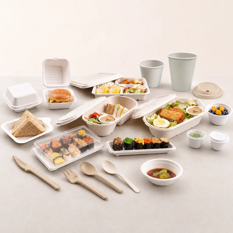 Bagasse clamshells, trays, bento boxes, sushi trays and sustainable food packaging