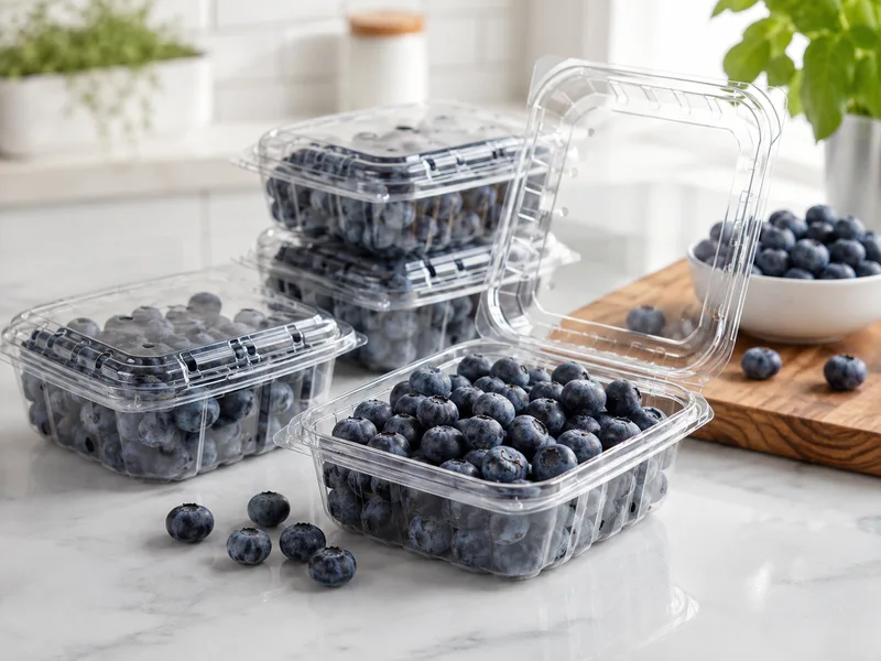 Clear blueberry clamshell packaging containers with ventilation holes