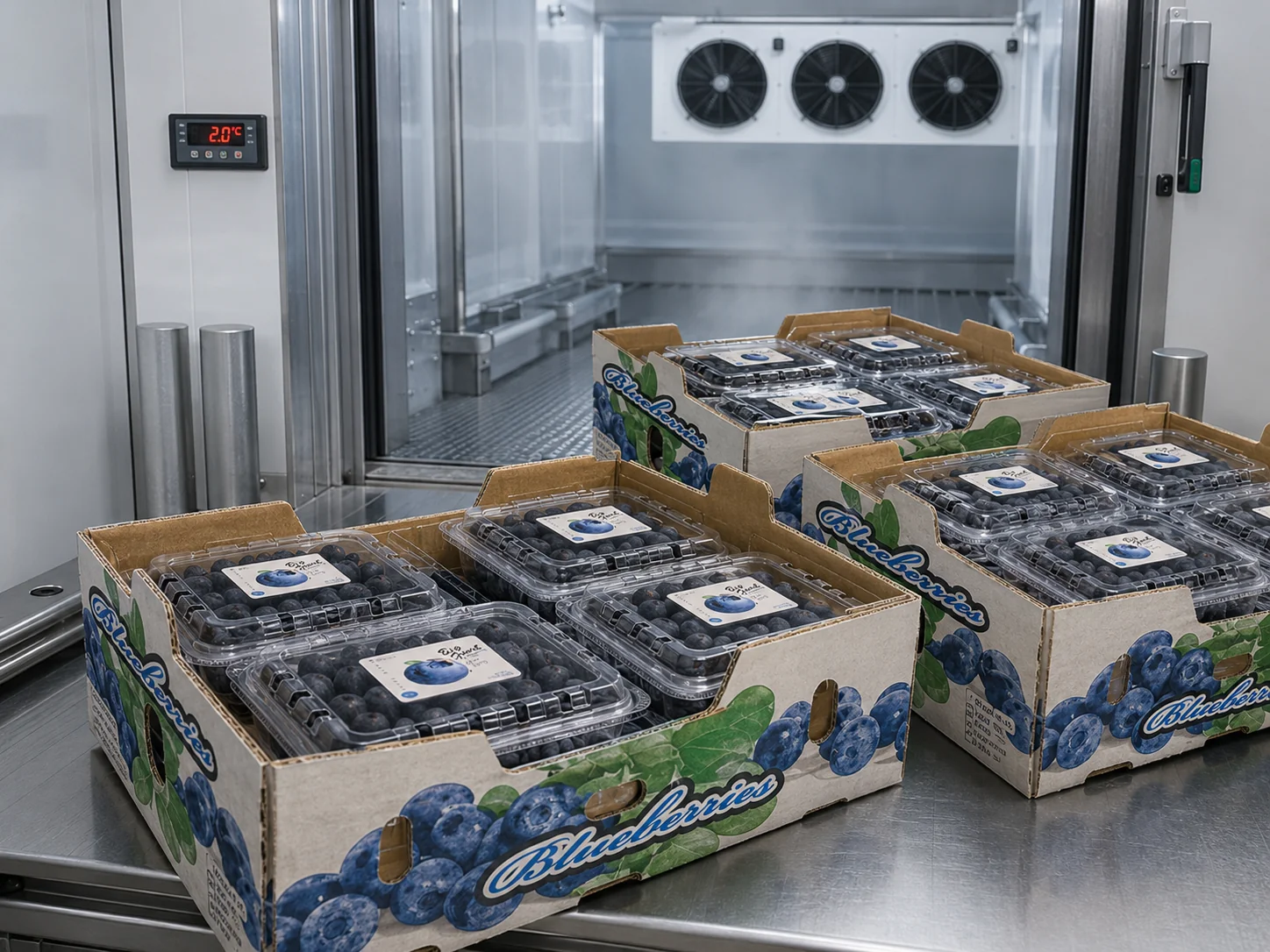 Blueberry clamshells packed into outer cartons for pre-cooling in a commercial packhouse