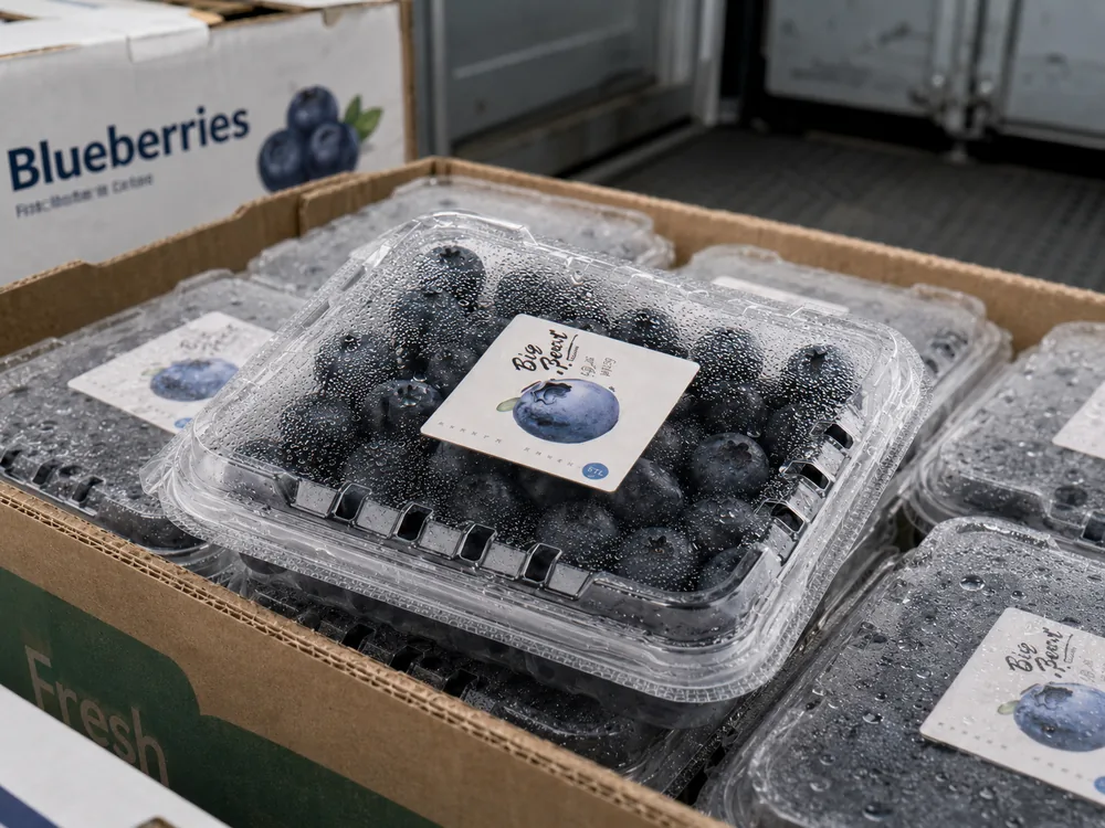 Condensation appears in blueberry packaging.