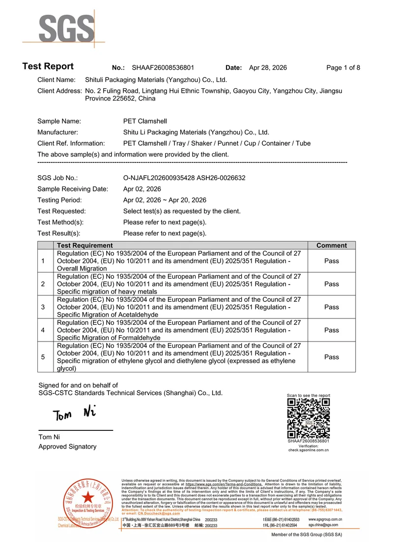 EU food contact compliance report for PET clamshell food packaging