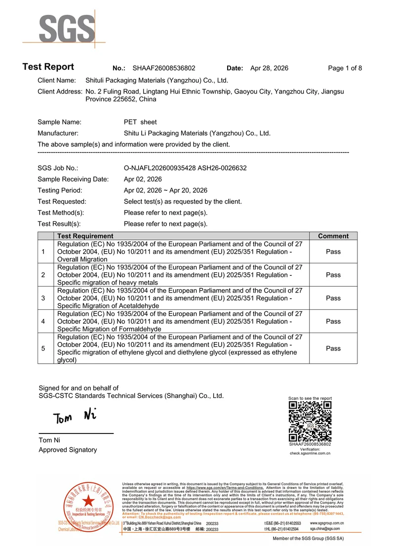 EU food contact compliance report for PET sheet used in food packaging