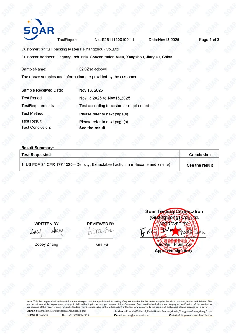 FDA food contact report for clear plastic food packaging materials