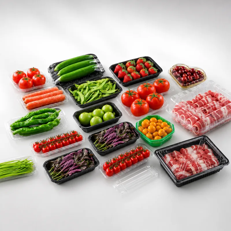 Transparent PET plastic trays for fruit, bakery, salad and supermarket food display