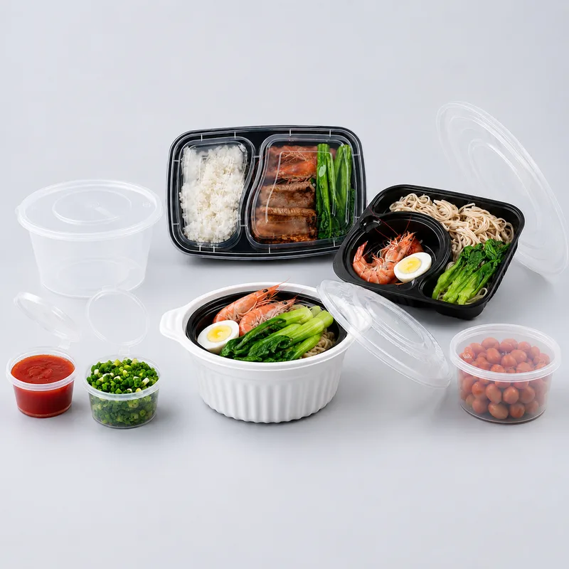 Clear plastic to-go containers for takeaway meals, deli foods, sauces and salads
