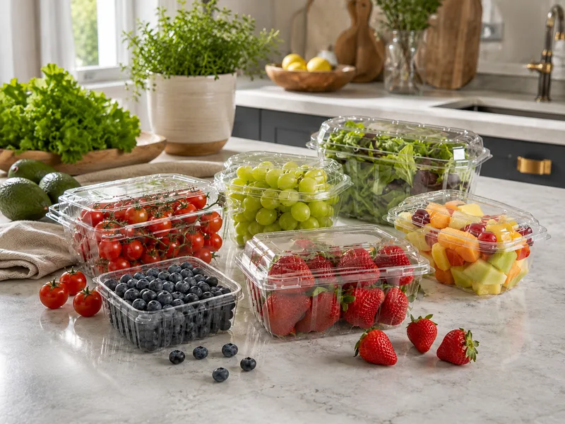 Clear PET produce clamshell packaging for fresh fruit and vegetables