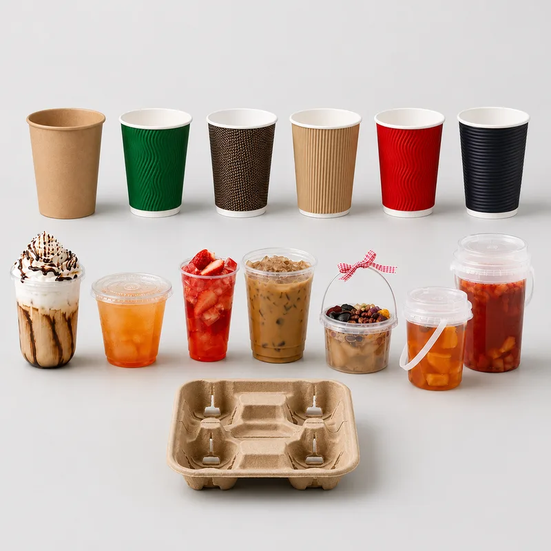 Disposable cup packaging including cold cups, paper hot cups, clear buckets and pulp cup holders