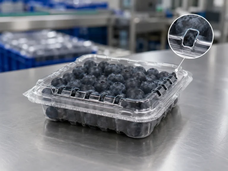 Vented blueberry clamshell with lid ventilation holes for airflow, cooling and condensation control in retail and export packaging