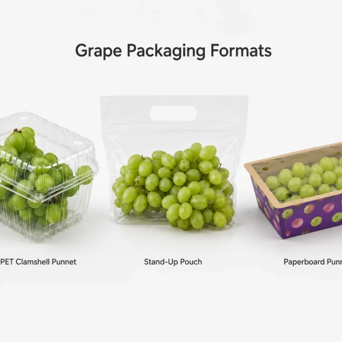 Clear PET stand-up pouch paperboard punnet grape clamshell packaging filled with fresh grapes