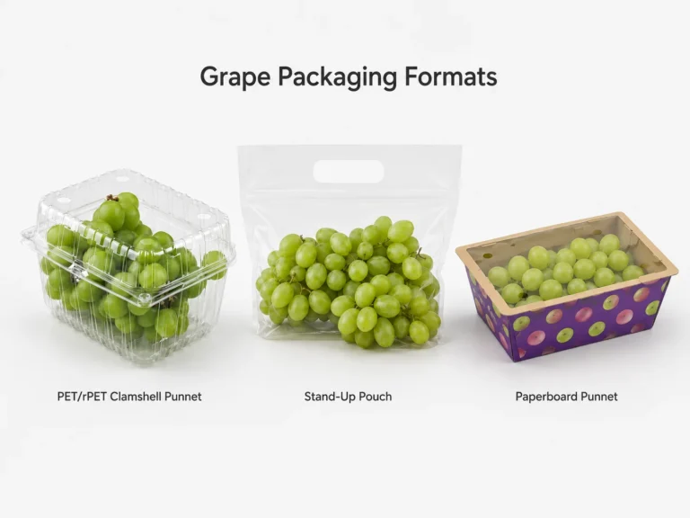 Clear PET stand-up pouch paperboard punnet grape clamshell packaging filled with fresh grapes