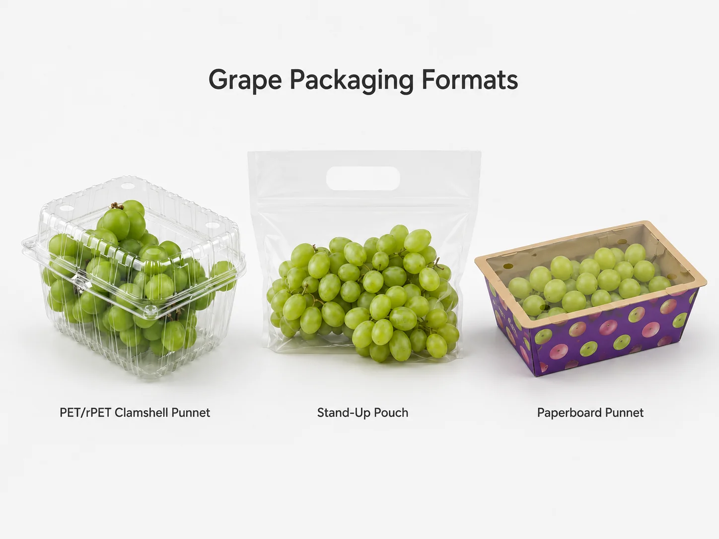 Clear PET stand-up pouch paperboard punnet grape clamshell packaging filled with fresh grapes