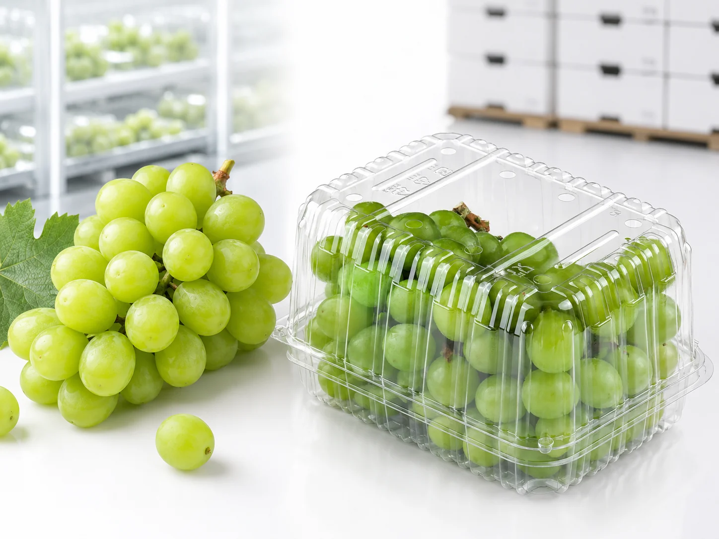 Fresh table grapes packed in clear clamshell packaging for retail display