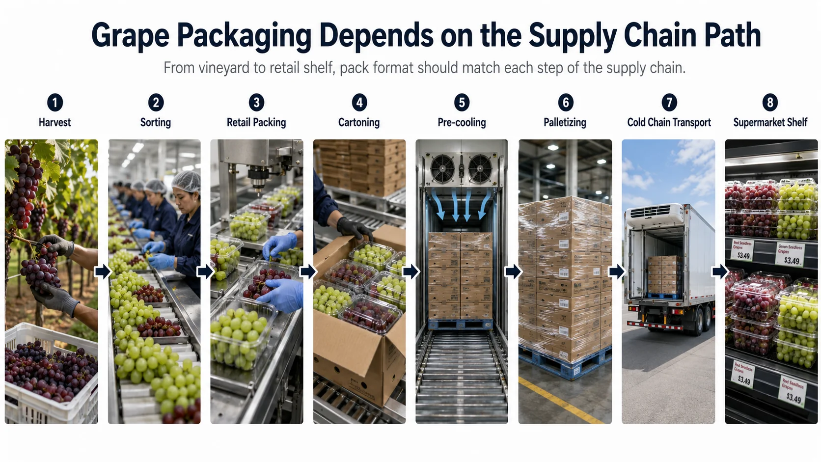 Grape packaging supply chain from harvest to supermarket shelf