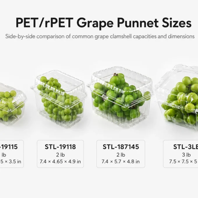 PET and rPET grape clamshell sizes for 1 lb, 2 lb and 3 lb grape packs