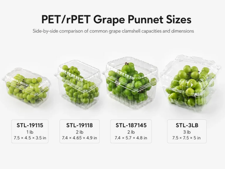 PET and rPET grape clamshell sizes for 1 lb, 2 lb and 3 lb grape packs