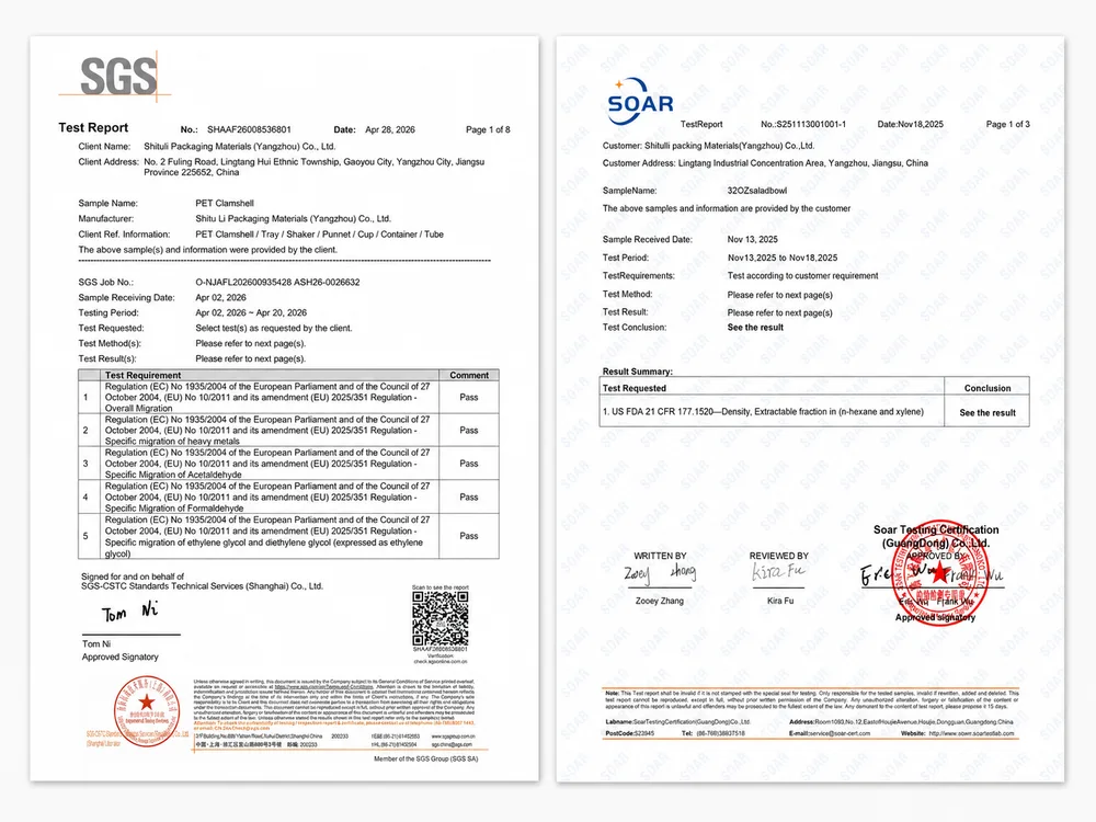 StlPak EU and FDA food contact test reports for PET bakery packaging compliance
