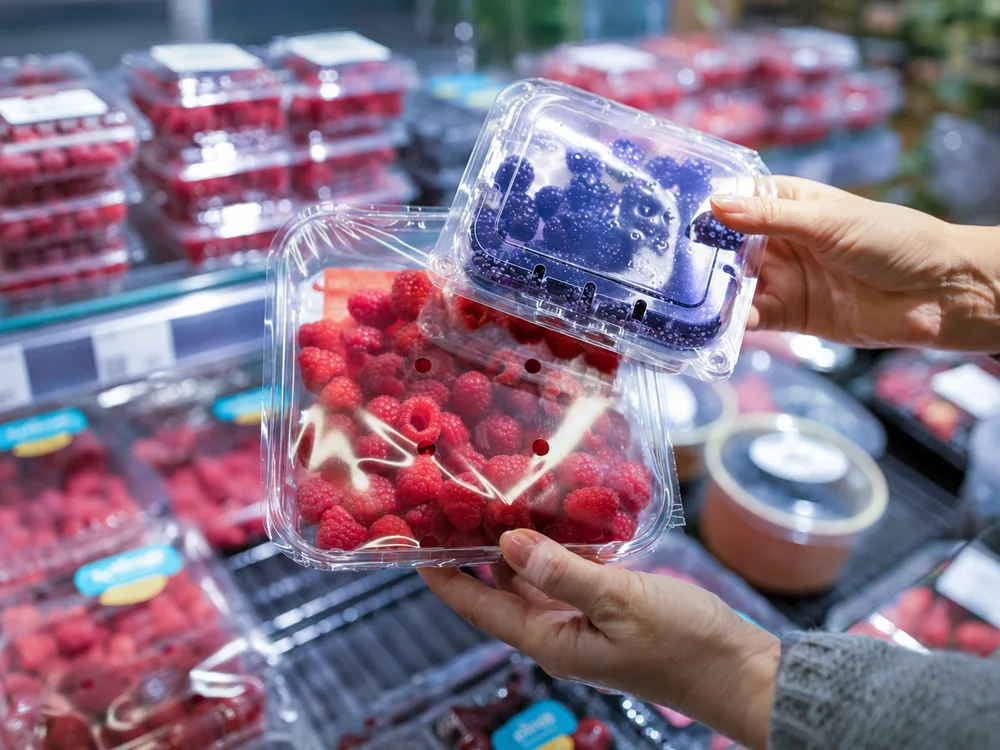 Open clear plastic berry clamshells filled with fresh raspberries and blueberries showing ventilation and product visibility