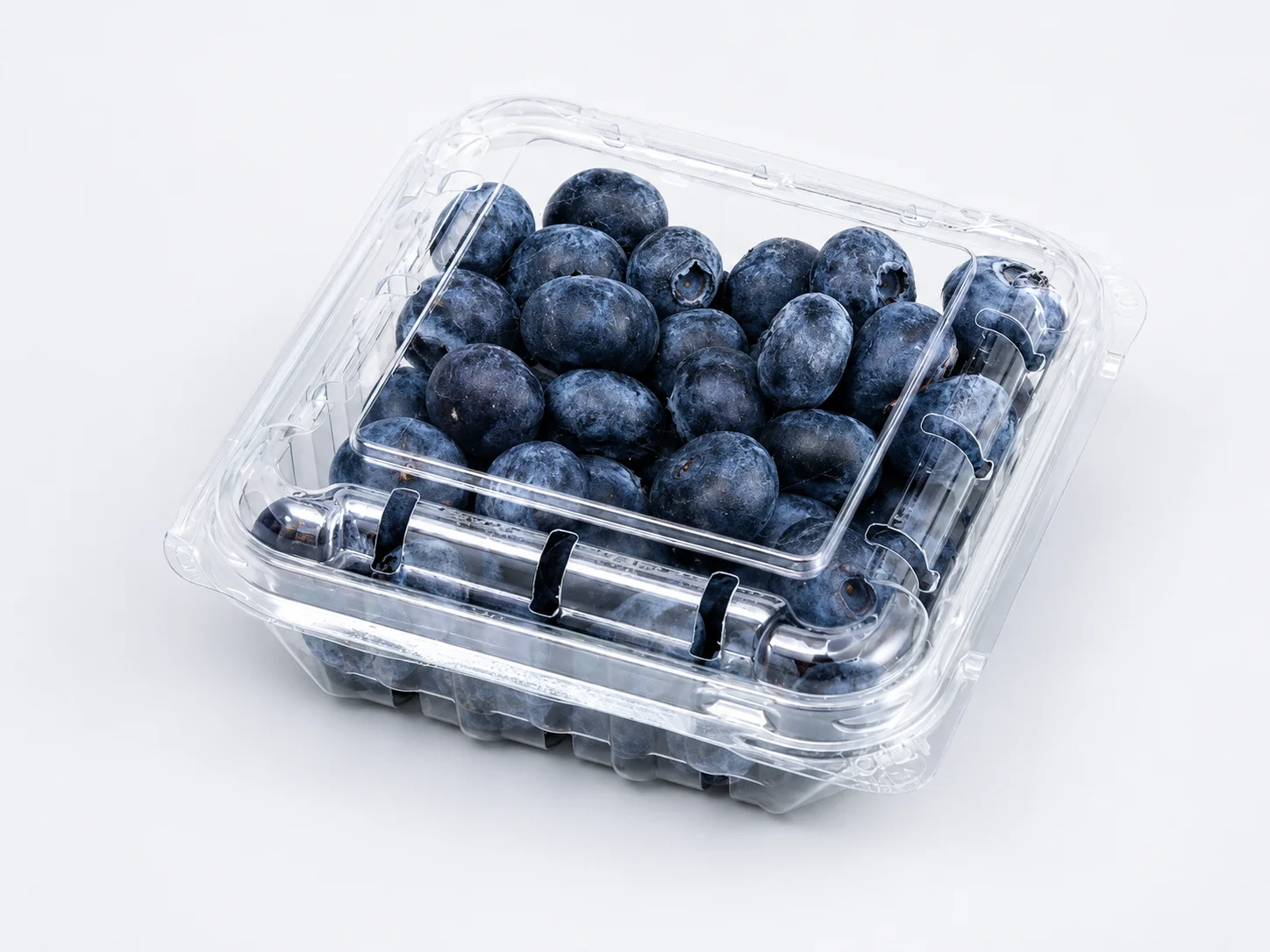 Fresh blueberries packed properly in a clear PET blueberry punnet without compression or empty space