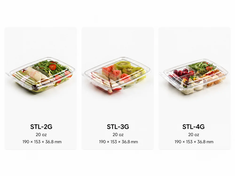 STL-2G, STL-3G and STL-4G 20 oz multi-compartment tamper-evident food containers from StlPak
