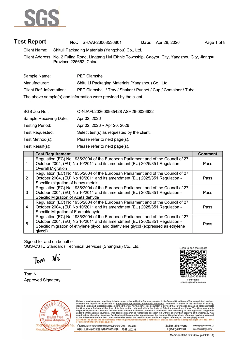 EU Food-Contact Test Report for PET Clamshells