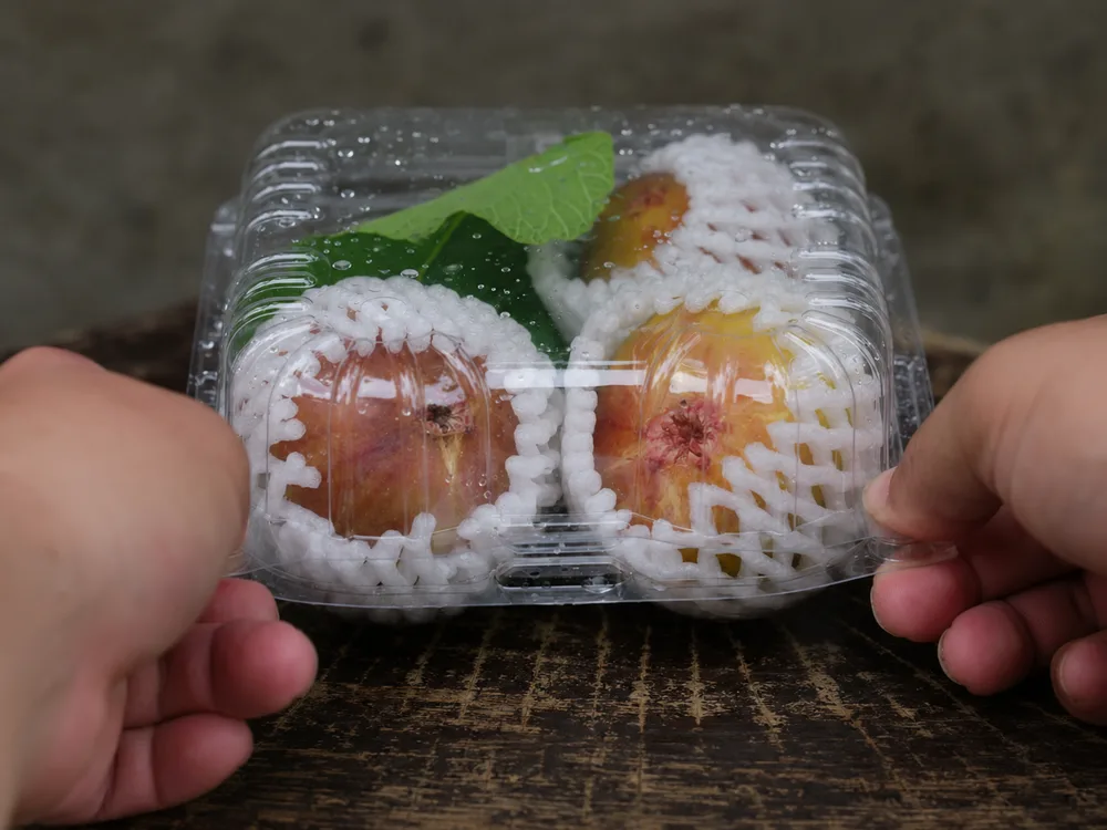 Fresh fruit protected inside a clear clamshell container demonstrating impact resistance
