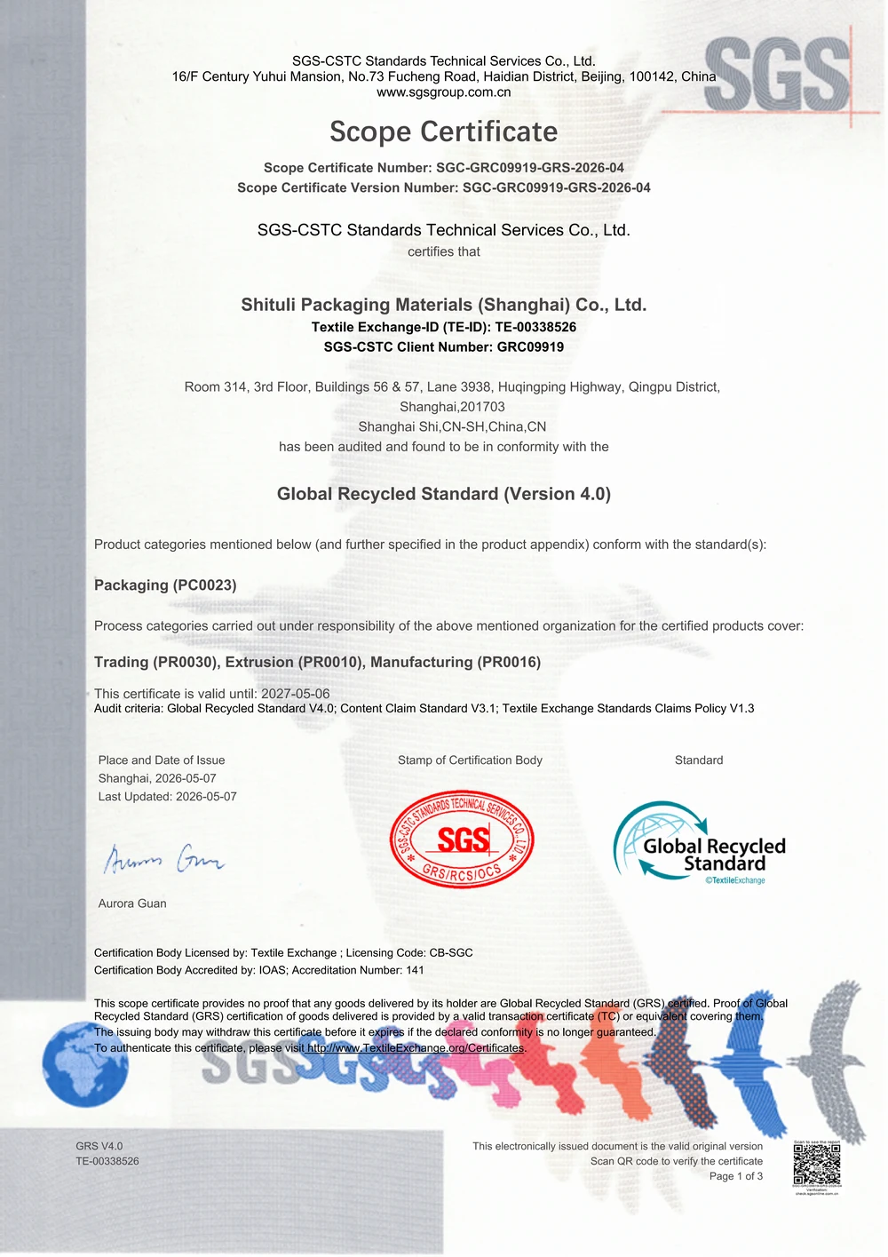 Global Recycled Standard (GRS) Certification
