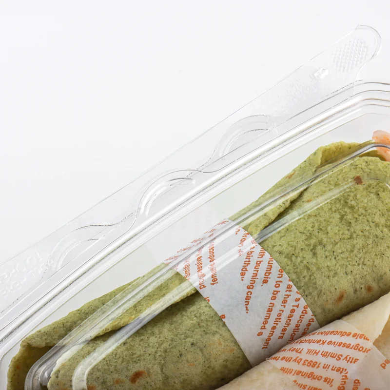 Close-up of a clear PET tamper-evident food container with an integrated tear-off strip