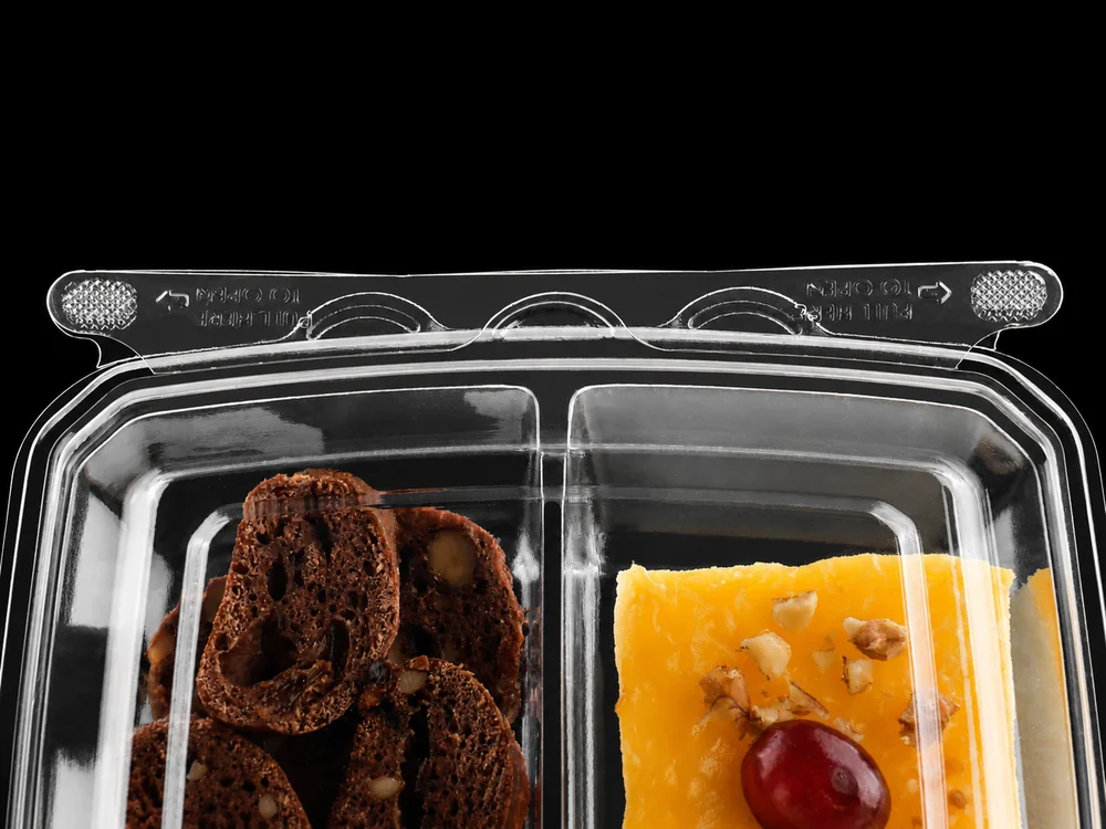 Multi-compartment tamper-evident food container close-up