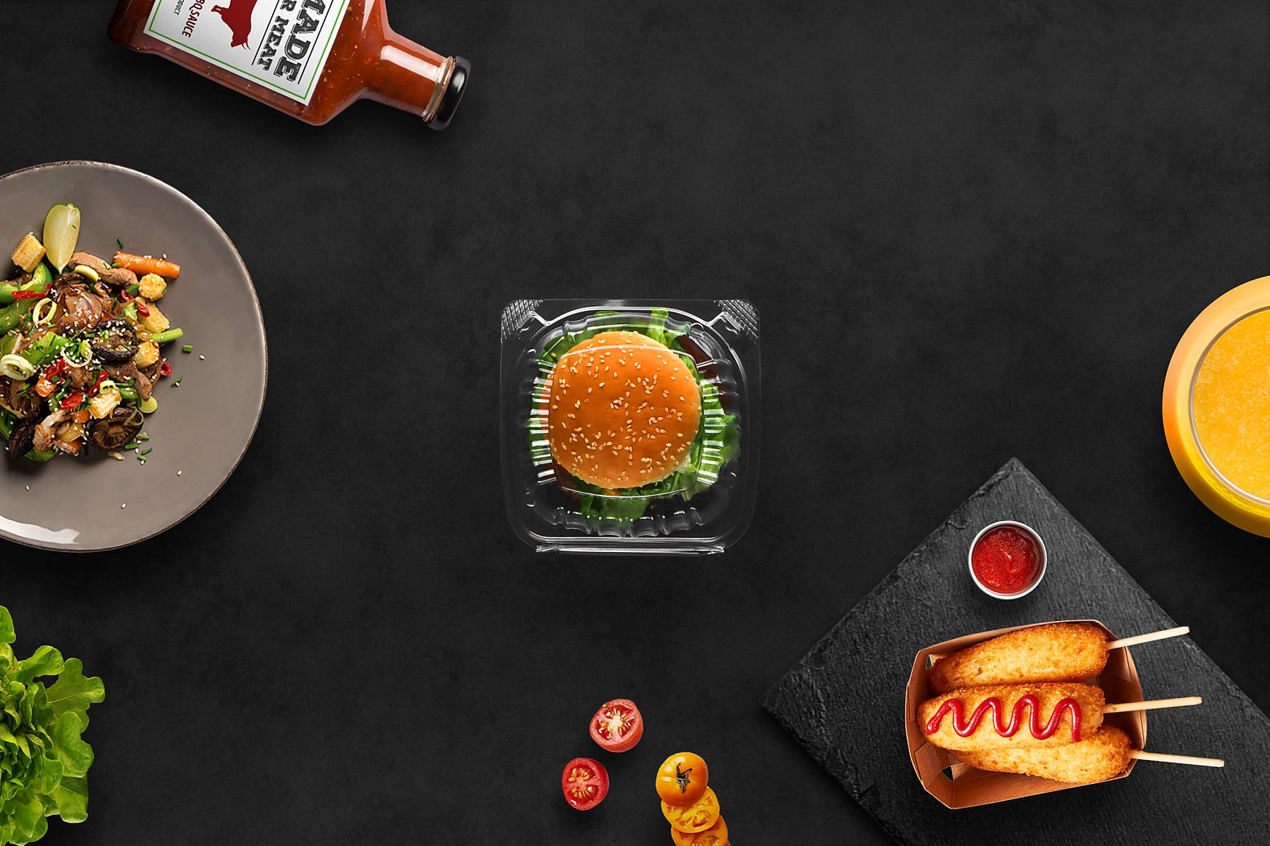 Plastic burger containers top view