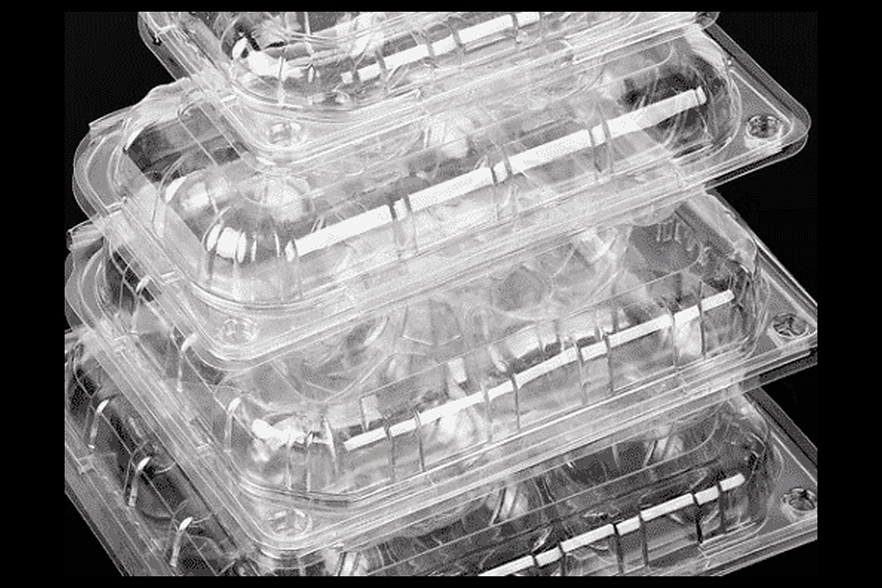 Stack of clear PET fruit clamshells