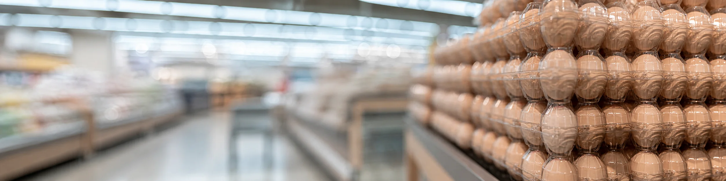 Clear plastic egg cartons filled with brown eggs stacked on a supermarket display shelf