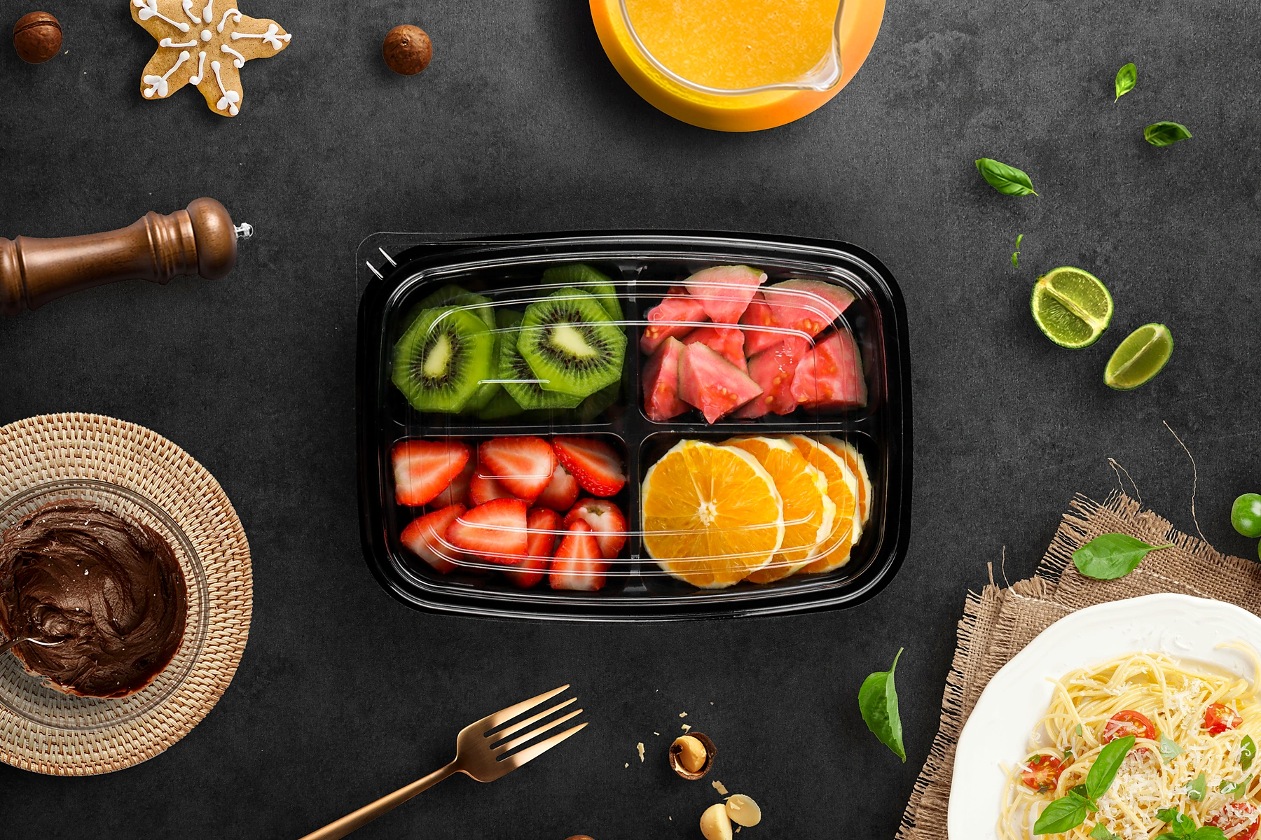 Plastic compartment salad container top view