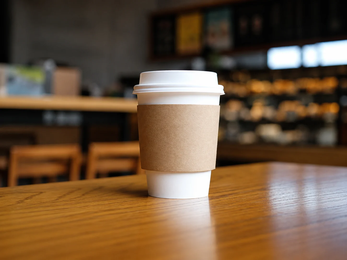 Disposable paper coffee cup with lid and kraft sleeve on a cafe table