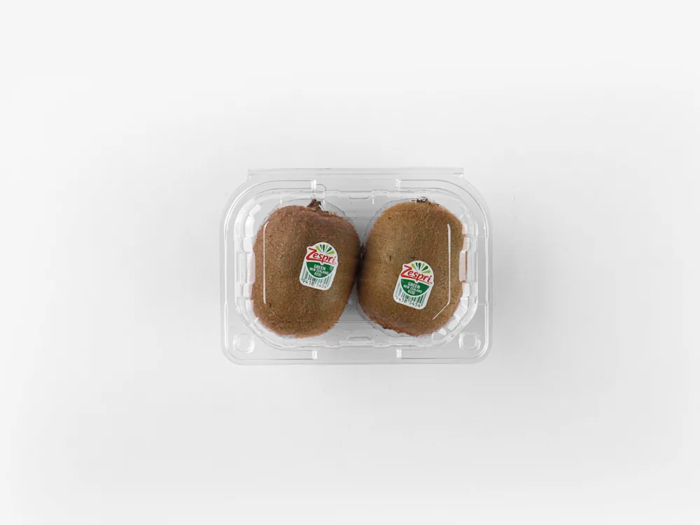 STL-012 kiwi clamshell container holding two fresh kiwis (white bg)