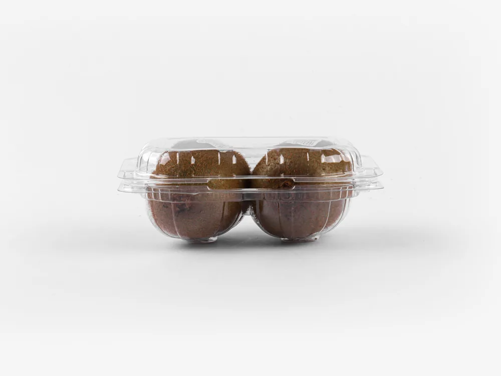 STL-012 kiwi clamshell container holding two fresh kiwis (white bg)