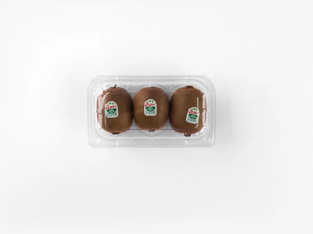 STL-013 kiwi clamshell container holding three fresh kiwis (white bg)