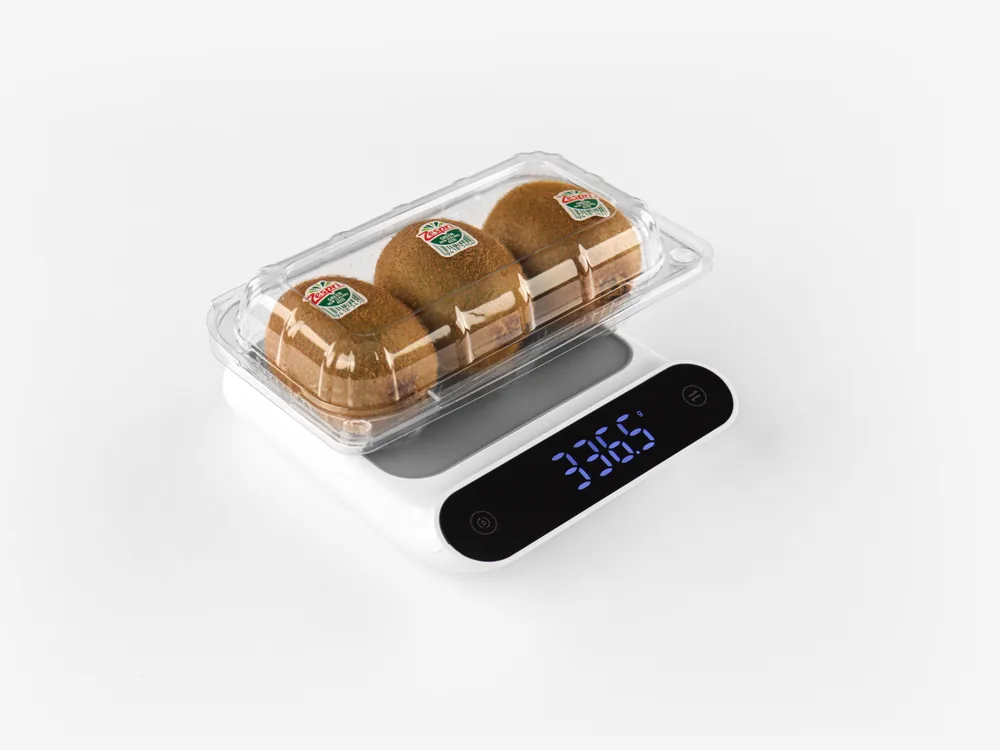 STL-013 kiwi clamshell container holding three fresh kiwis (white bg)