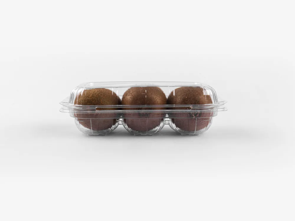 STL-013 kiwi clamshell container holding three fresh kiwis (white bg)