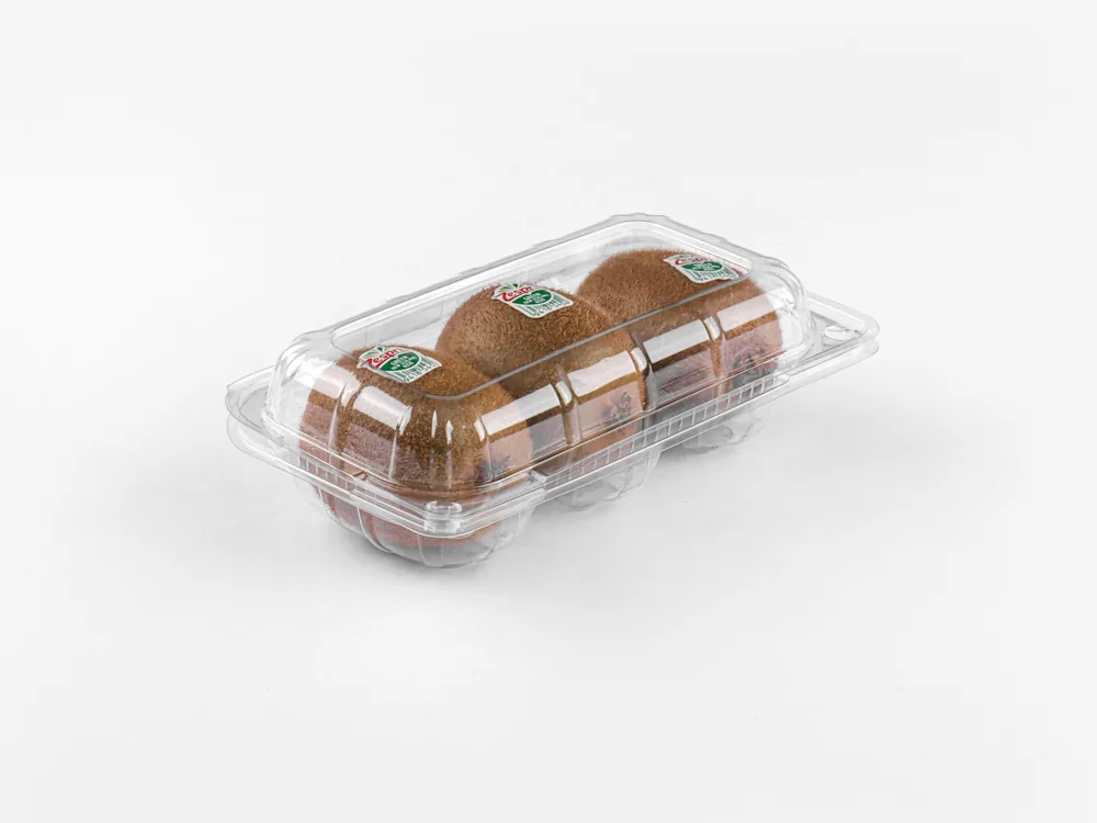 STL-013 kiwi clamshell packaging featuring three fresh kiwis — clear plastic fruit container