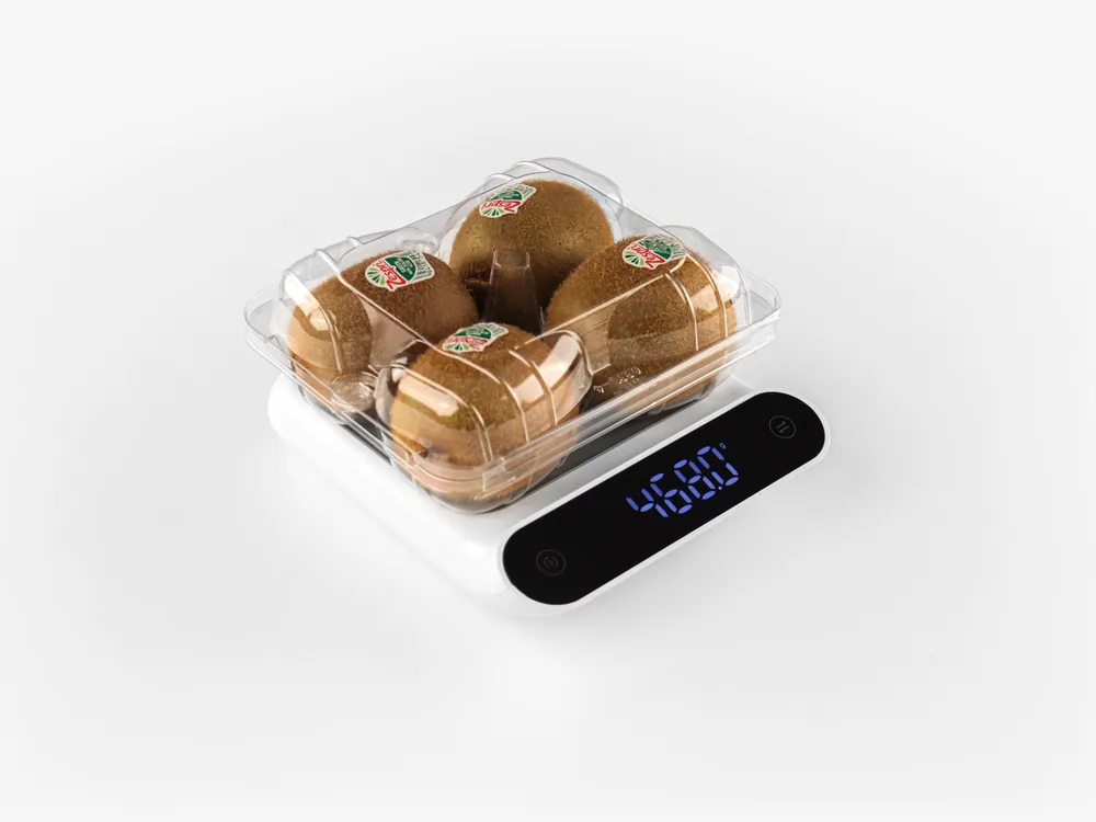 STL-014 kiwi clamshell container holding four fresh kiwis (white bg)