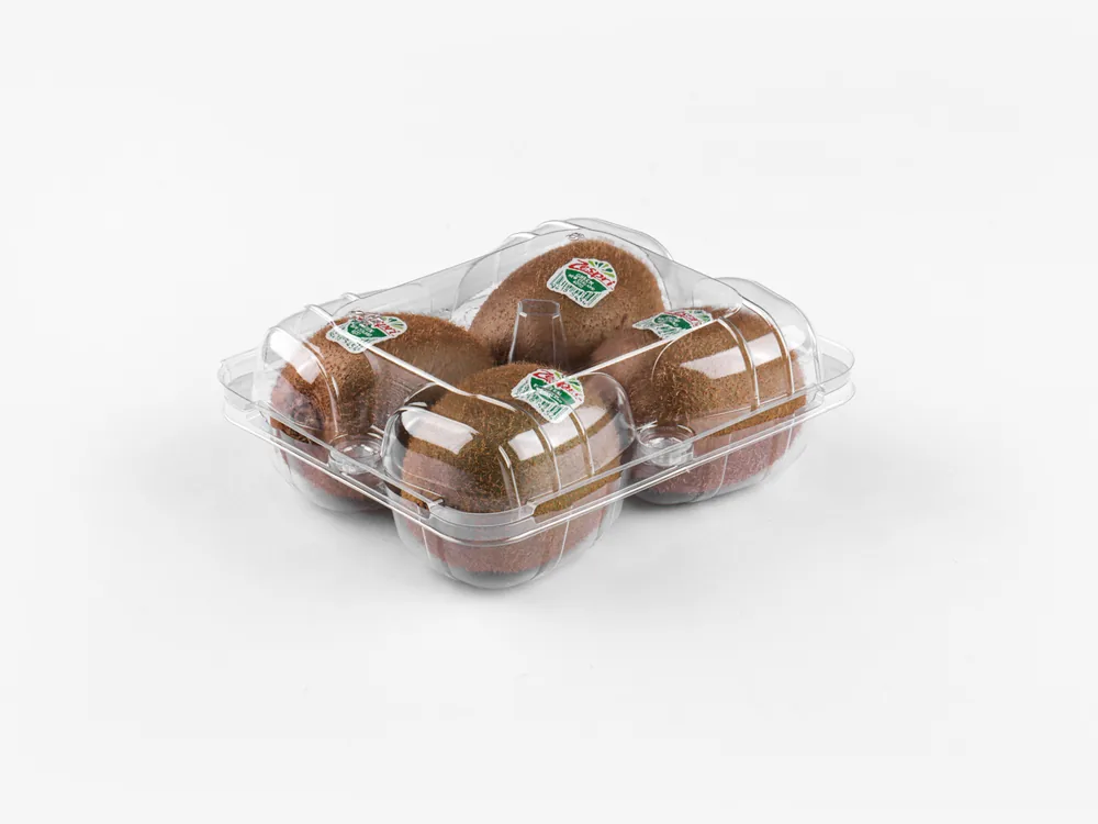 STL-014 kiwi clamshell packaging featuring four fresh kiwis — clear plastic fruit container