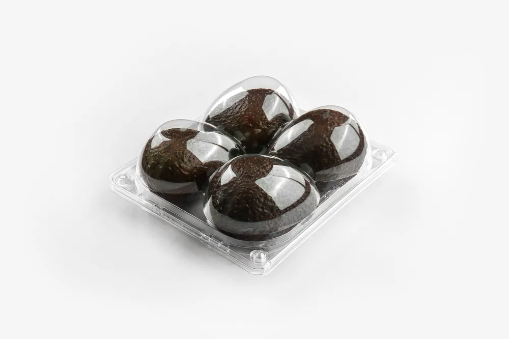 STL-014A 4-cavity avocado clamshell container holding four fresh avocados (white bg)