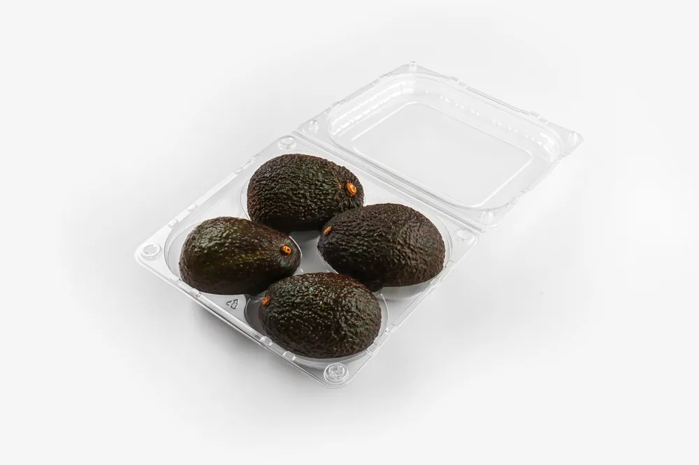 STL-014A 4-cavity avocado clamshell container holding four fresh avocados (white bg)