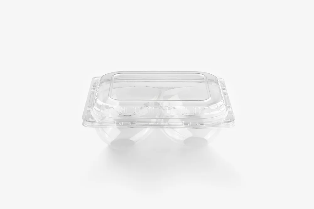 STL-014A 4-cavity avocado clamshell container holding four fresh avocados (white bg)