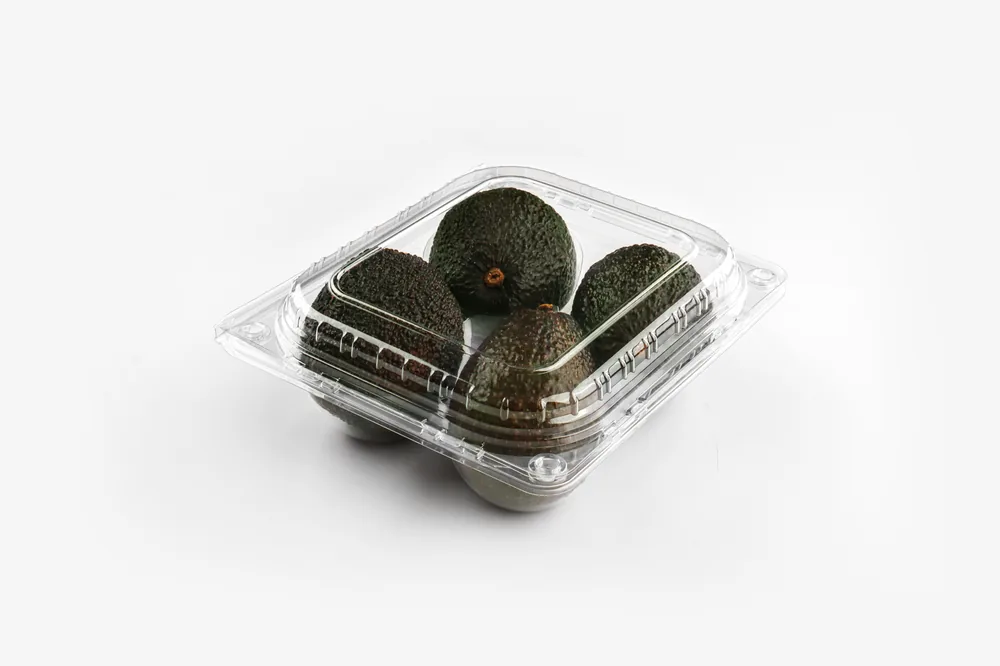 STL-014A avocado clamshell packaging featuring four fresh avocados — clear plastic fruit container