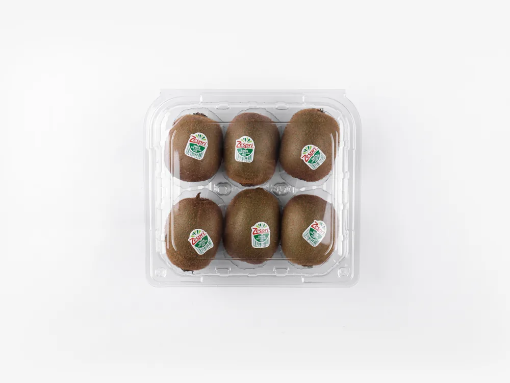 STL-016C kiwi clamshell container holding six fresh kiwis (white bg)