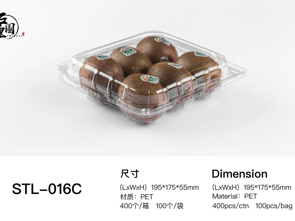 STL-016C kiwi clamshell container holding six fresh kiwis (white bg)