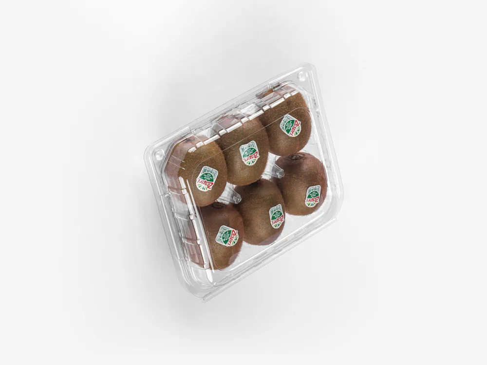 STL-016C kiwi clamshell container holding six fresh kiwis (white bg)