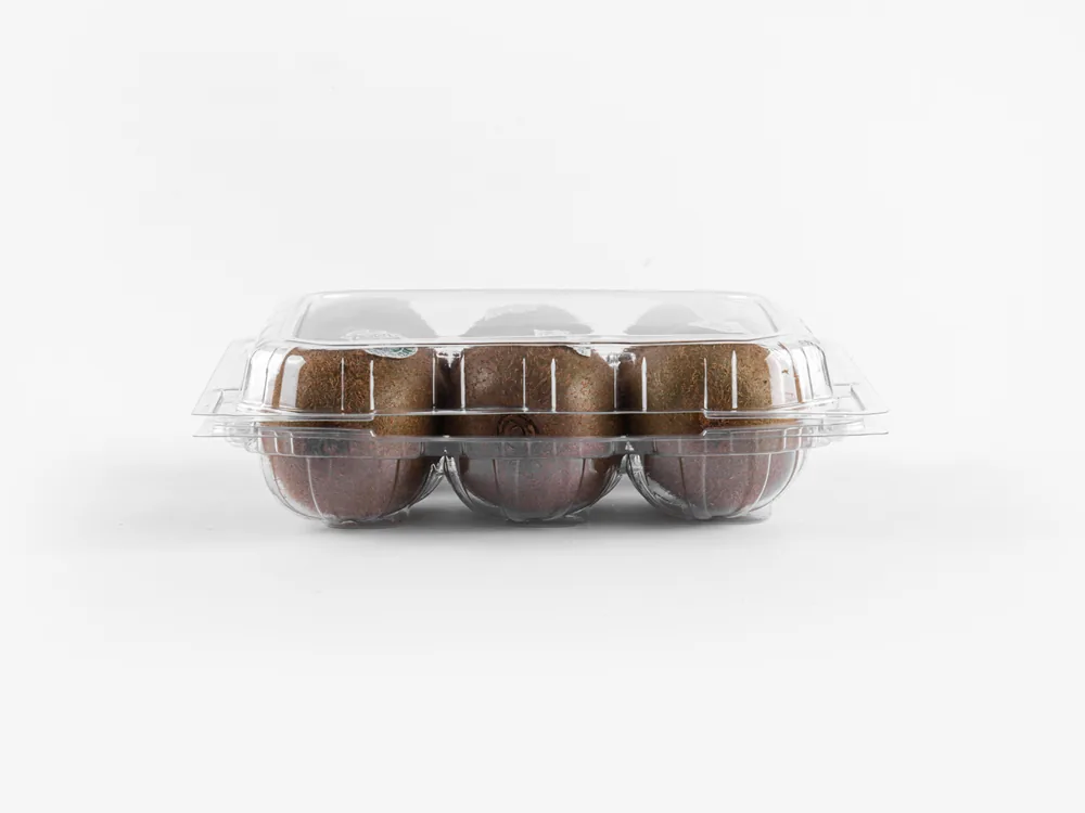 STL-016C kiwi clamshell container holding six fresh kiwis (white bg)