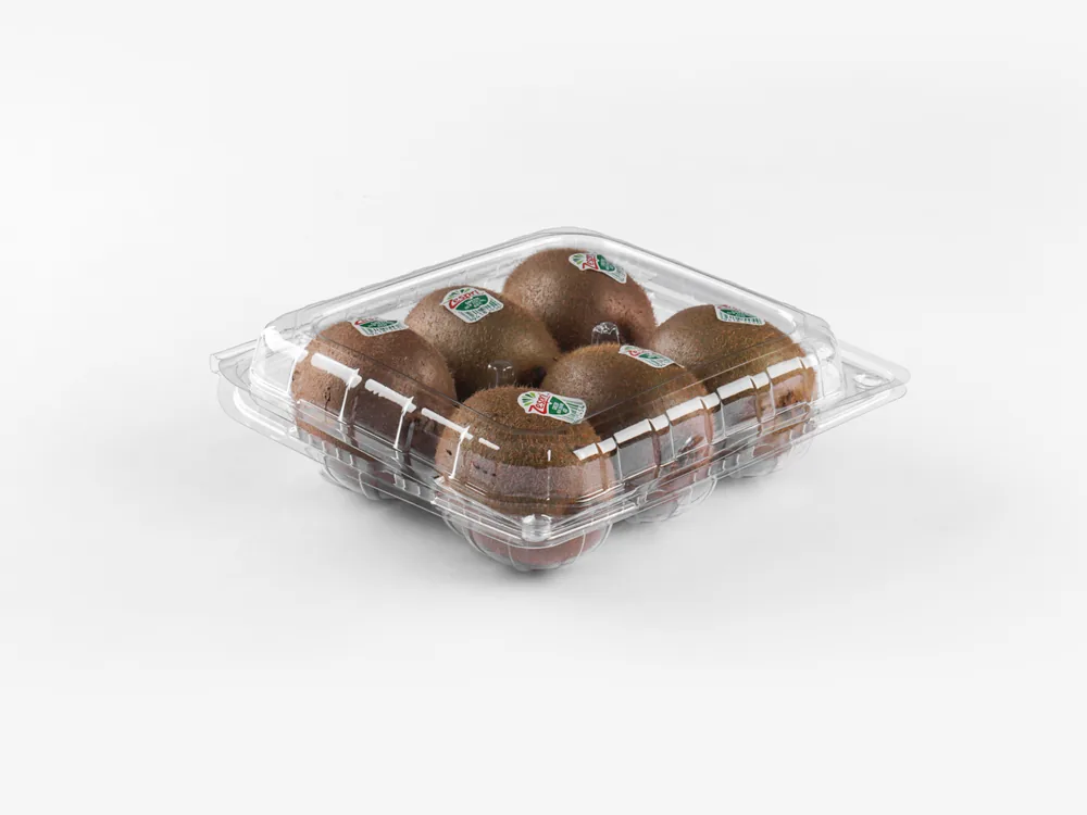 STL-016C kiwi clamshell packaging featuring six fresh kiwis — clear plastic fruit container